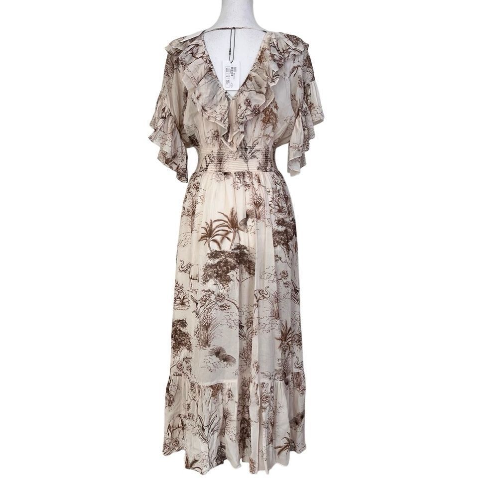 SANDRO Natural Marro Ruffled Printed Gauze Midi Dress EU 36 US S MSRP $245 - Picture 3 of 12